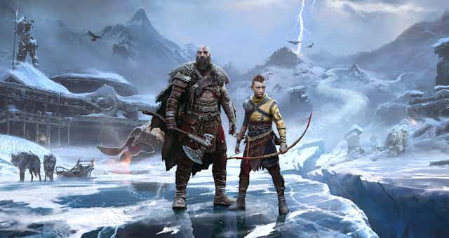 A bald armoured man weilding an axe, and younger, shorter character holding a bow stand together on a frozen lake. In the back are snowy mountains, lightning and wolves