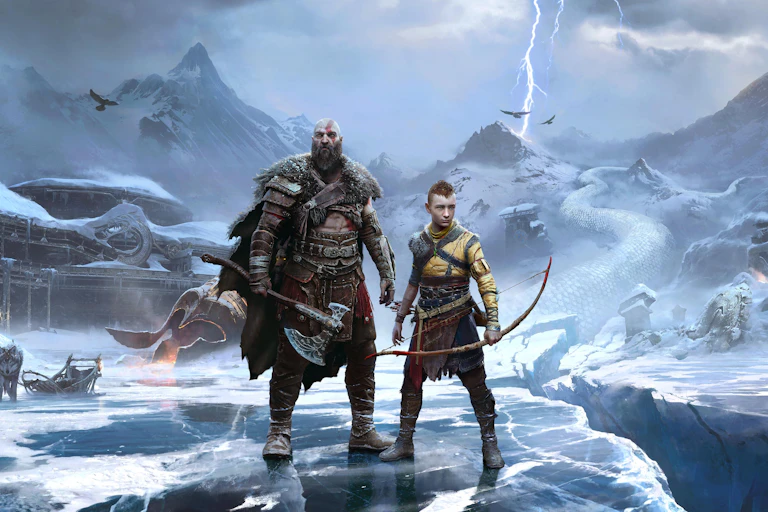 A bald armoured man weilding an axe, and younger, shorter character holding a bow stand together on a frozen lake. In the back are snowy mountains, lightning and wolves