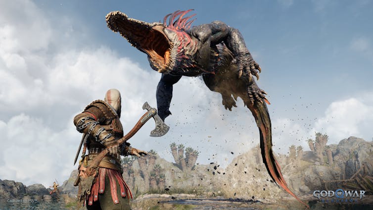 A giant fantastical alligator leaps at the protagonist of God of War Ragnarök.