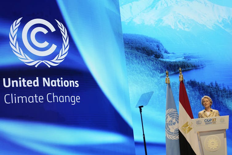 woman stands at lectern next to sign reading 'United Nations climate change'