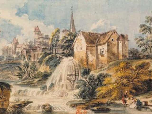 Peinture d'un village en arrière-plan d'un moulin reflétant l'activité économique du XVIIIe siècle, époque des « physiocrates ».