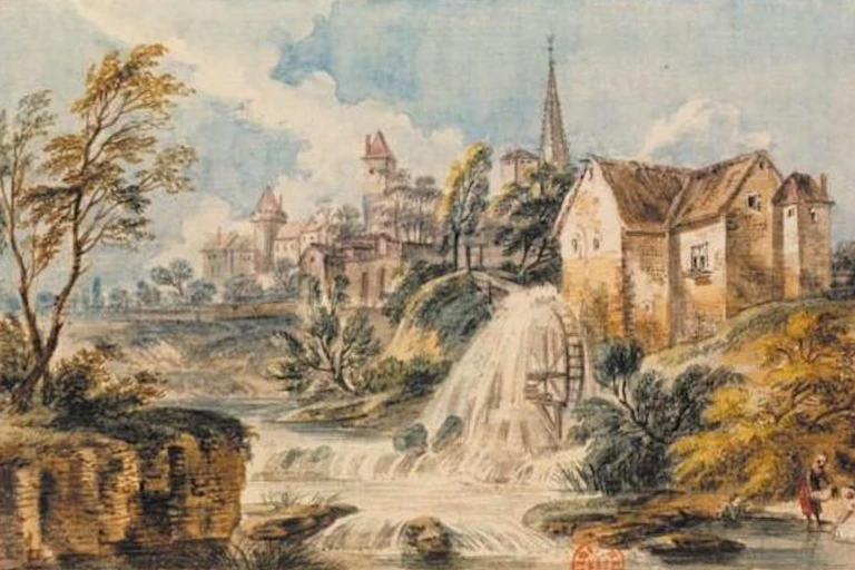 Peinture d'un village en arrière-plan d'un moulin reflétant l'activité économique du XVIIIe siècle, époque des « physiocrates ».