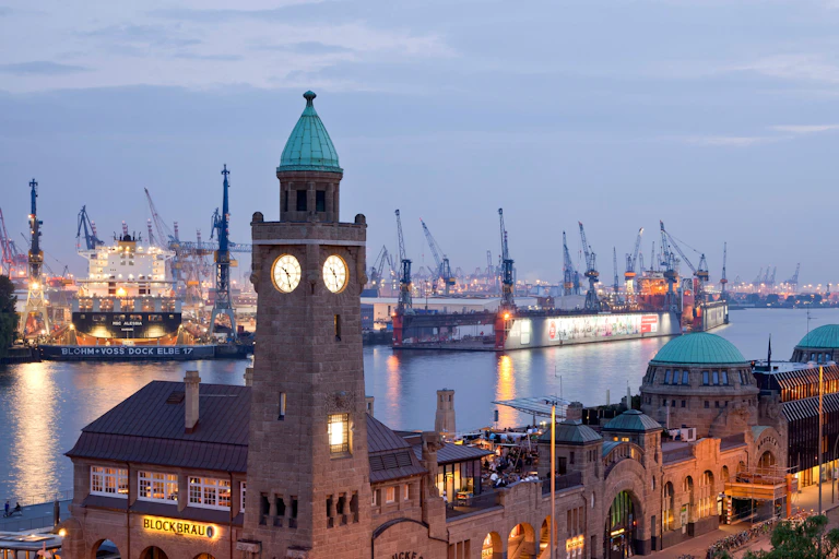 The Port of Hamburg pictured at early in the morning.
