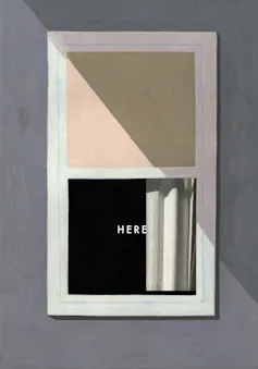 The front cover of Richard McGuire's Here. Two square images stacked on top of each other. The top is a beige square. The bottom shows partially drawn curtains in a dark room.