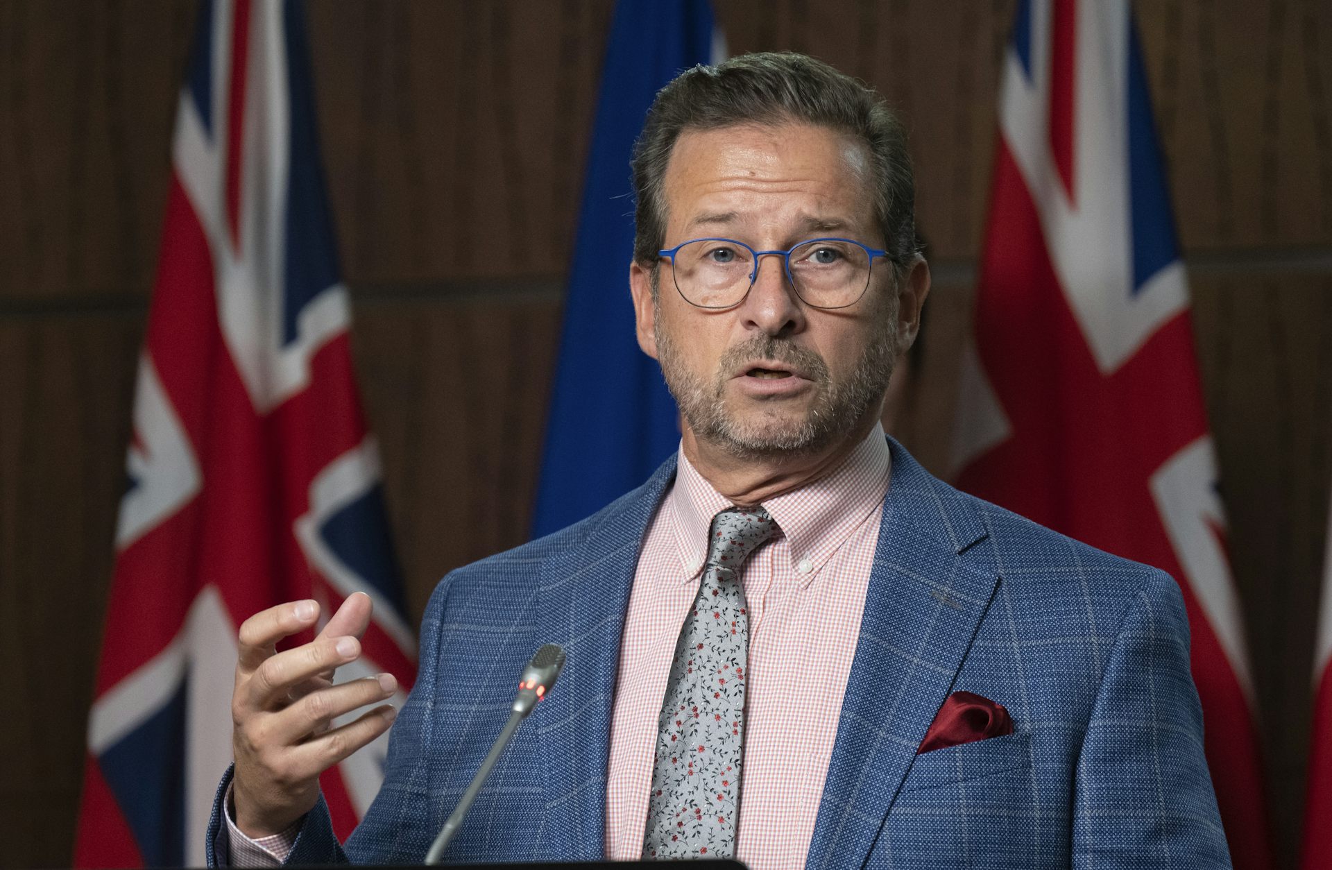 A man speaks at a microphone, with flags in the background