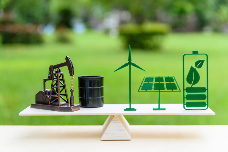 oil well and barrel balanced against green technologies