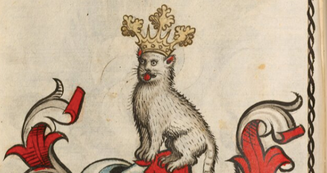 A crude manuscript doodle shows a cat sticking out his tongue, wearing an ornate crown.