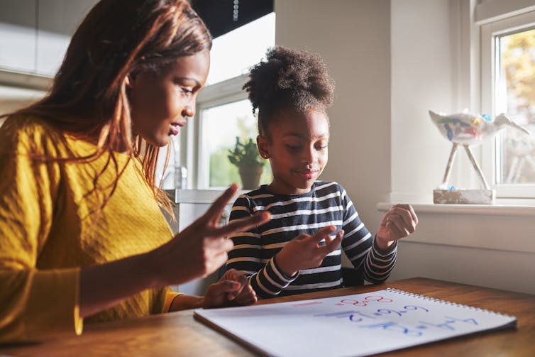 Mother and daughter doing maths and counting on fingers