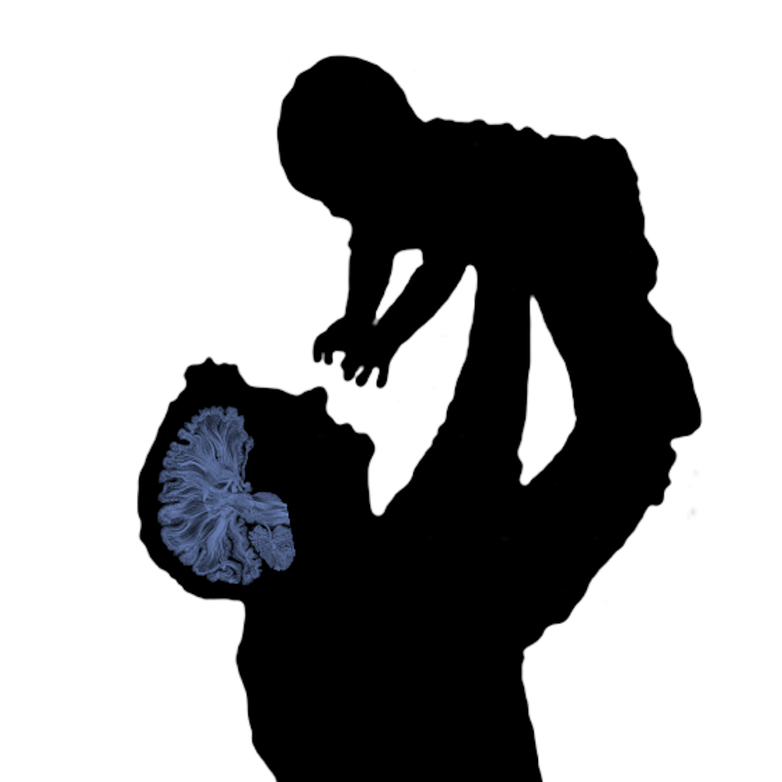 silhouette of man lifting baby, adult's brain illuminated