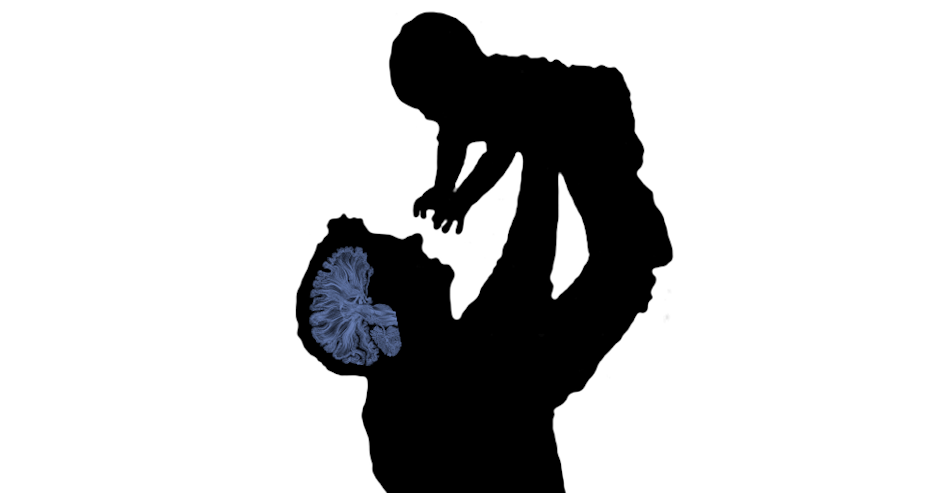 silhouette of man lifting baby, adult's brain illuminated