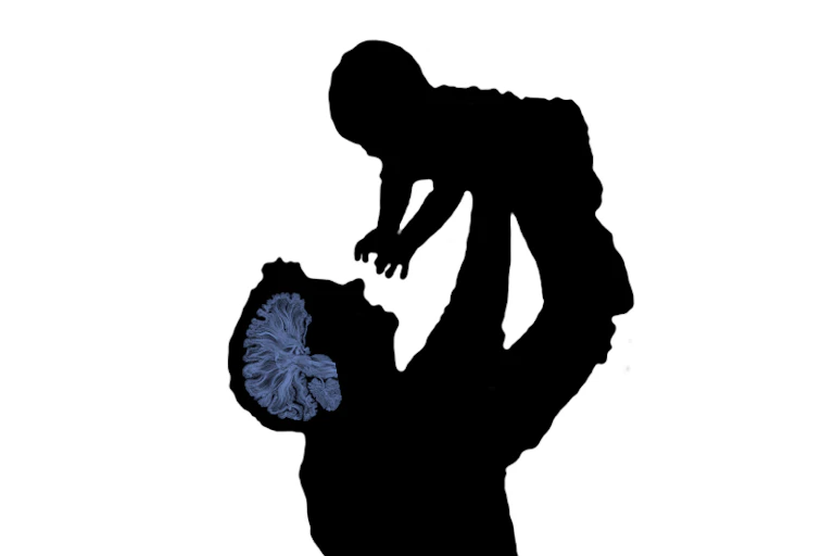 silhouette of man lifting baby, adult's brain illuminated