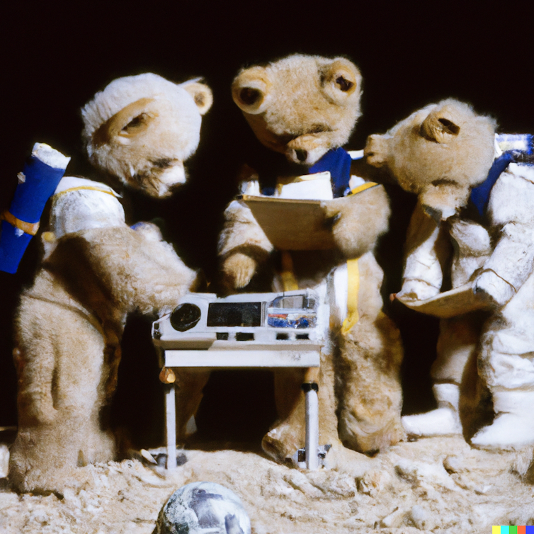 an image of three tiny bears standing on the sandy soil in front of an electronic device