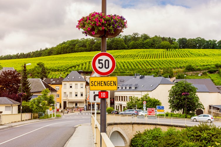 The Schengen sign in the Luxembourg town of the same name.