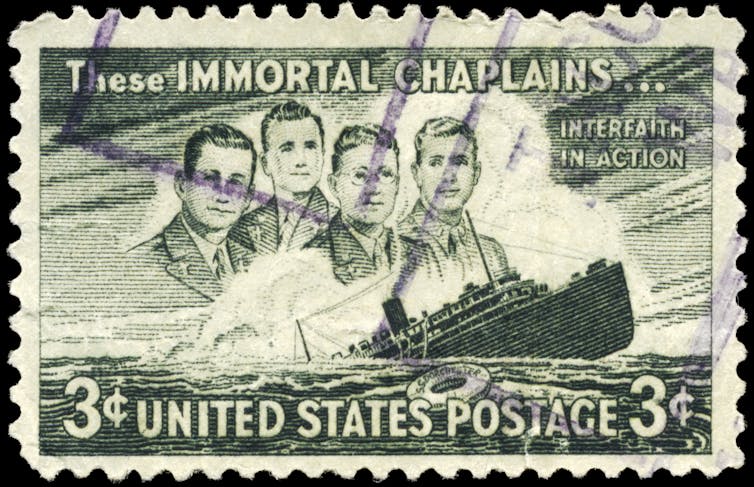 A stamp with a black and white illustration of four men and a boat, with the words 'These immortal chaplains...interfaith in action.'