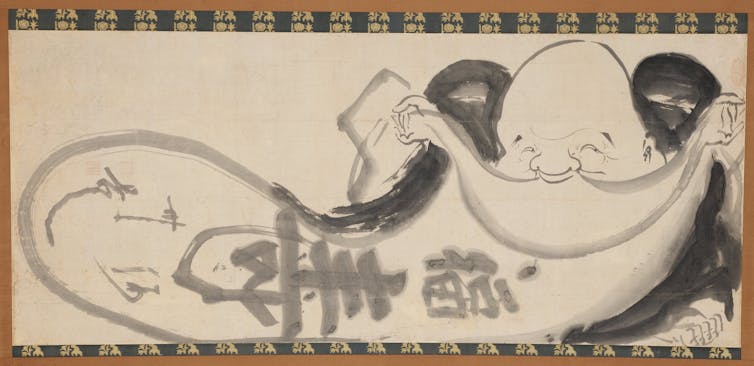 A black and white Japanese illustration of Hotei.