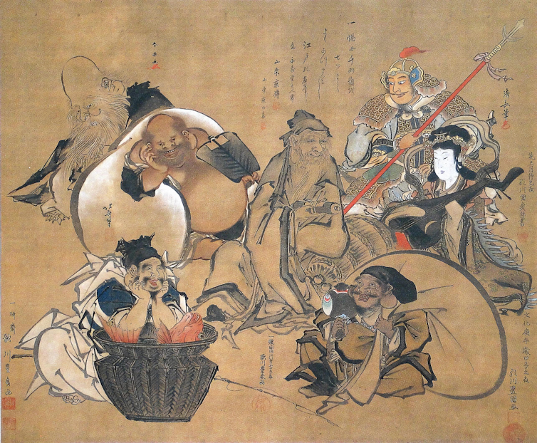 An illustration showing Hotei holding a huge white bag with other Japanese deities around him.、