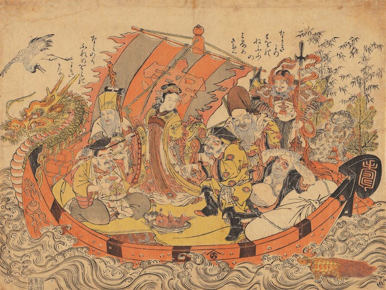 رسم توضيحي ياباني يظهر عدة شخصيات على متن قارب.