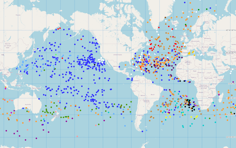 Map with dots for locations of drifters as of Nov. 28, 2022. The dots are all over the oceans.