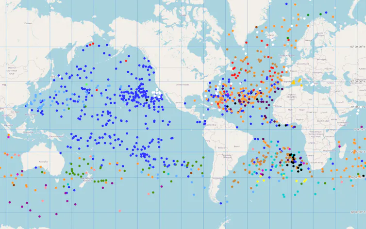 Map with dots for locations of drifters as of Nov. 28, 2022. The dots are all over the oceans.