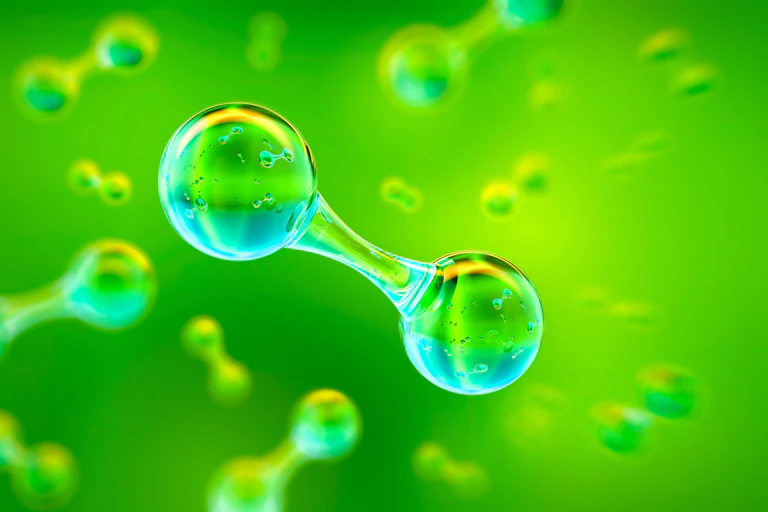 Moléculas de gas hidrógeno sobre fondo verde.