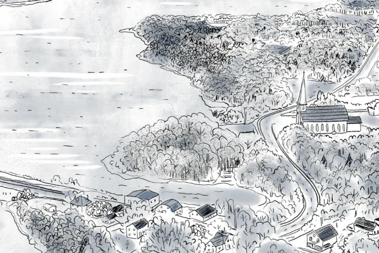 A black and white drawing of Cape Breton from a bird's eye view, from Ducks.