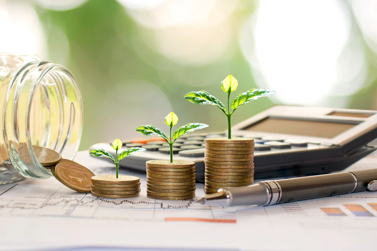 Plant trees on coins and calculators, financial accounting concepts and save money.
