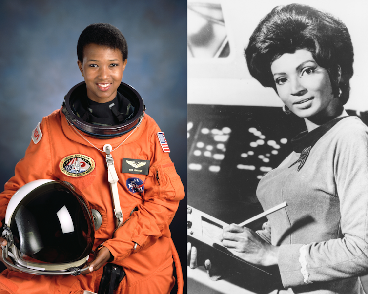 An official portrait of a Black woman astronaut next to a portrait of a Black woman actor in a 'Star Trek' uniform.