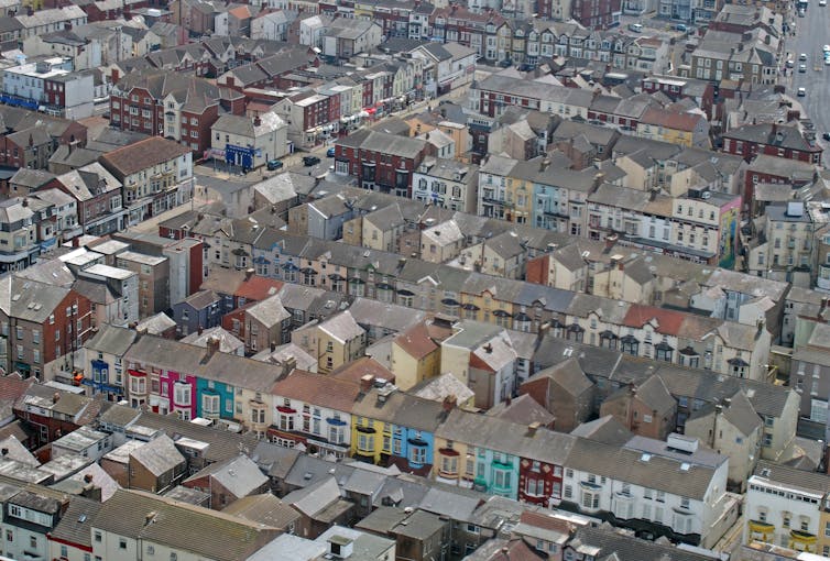 An overhead view of a residential area in England.