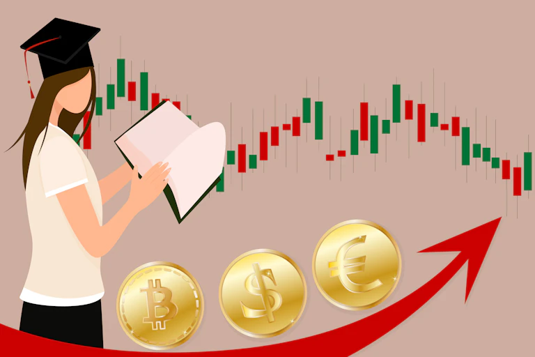 A figure with long hair in a mortarboard cap looks through a book against a background of red and green stripes and symbols for bitcoin, dollars and euros along a red upward-pointing arrow.