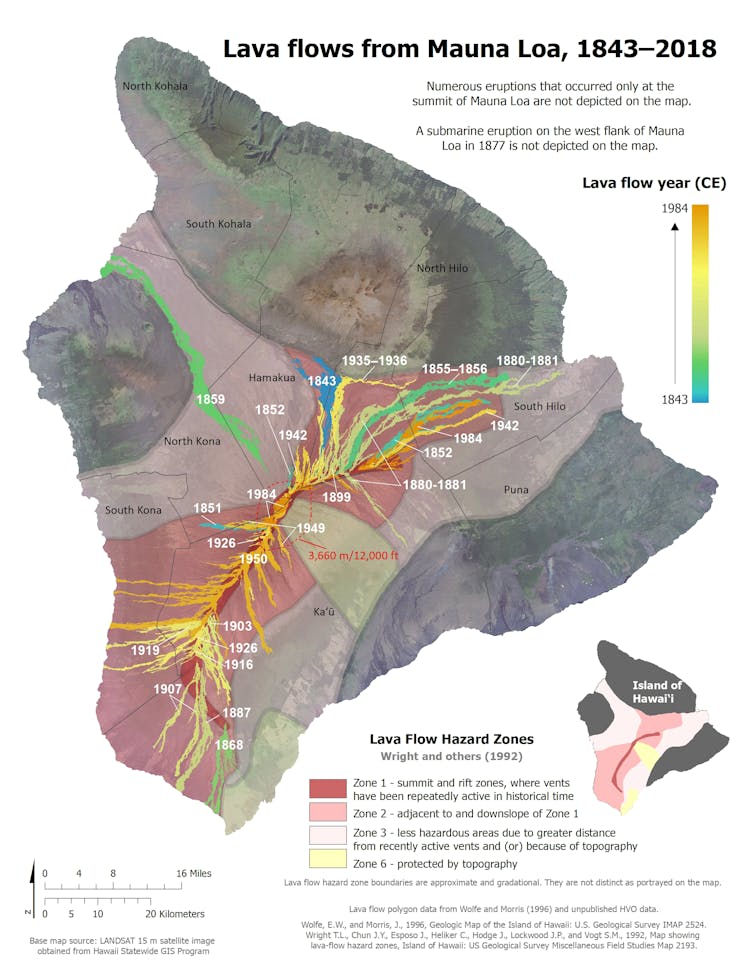 Map of the island of Hawaii, showing Mauna Loa and the lava flow paths since the late 1800s. There have been several eruptions and they tend to follow two routes.