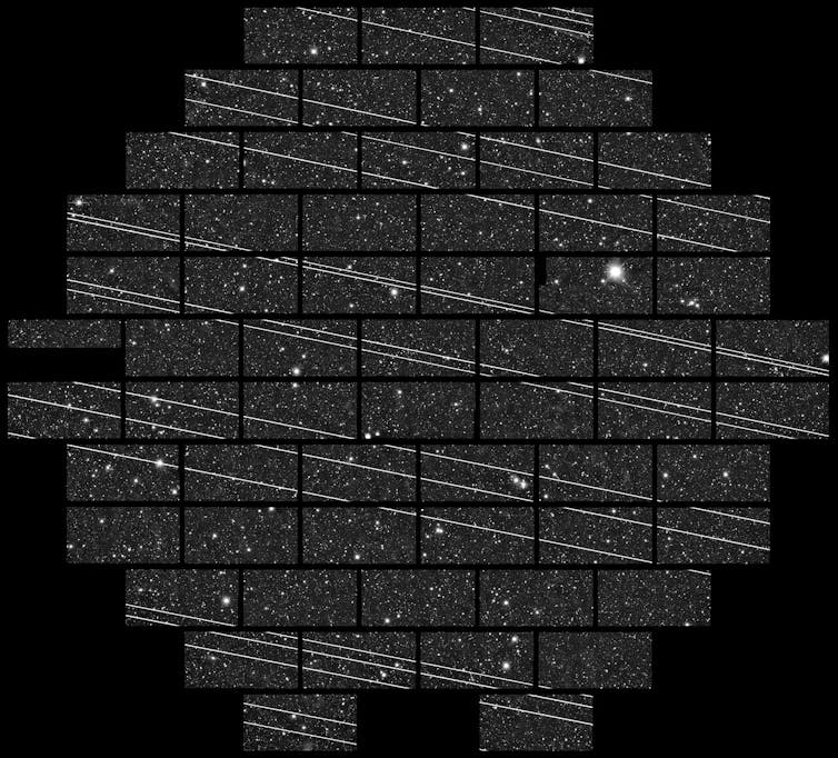 A geometric composite image of black night sky with dots of stars and bright lines across them