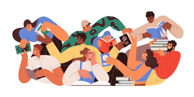 An illustration of people reading.