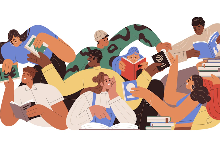 An illustration of people reading.