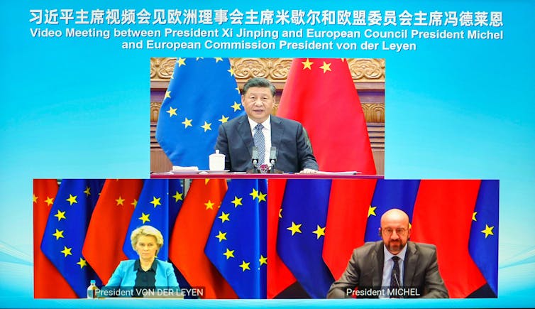 European Commission president Ursula von der Leyen, European Council president Charles Michel and Chinese president Xi Jinping in separate images, all in front of Chinese and EU flags