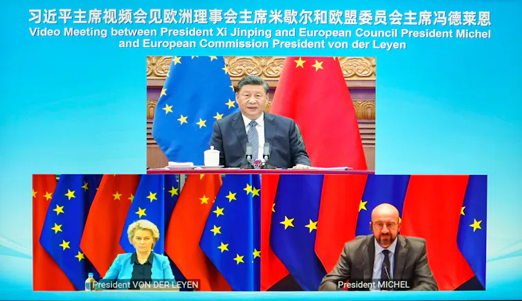 European Commission president Ursula von der Leyen, European Council president Charles Michel and Chinese president Xi Jinping in separate images, all in front of Chinese and EU flags