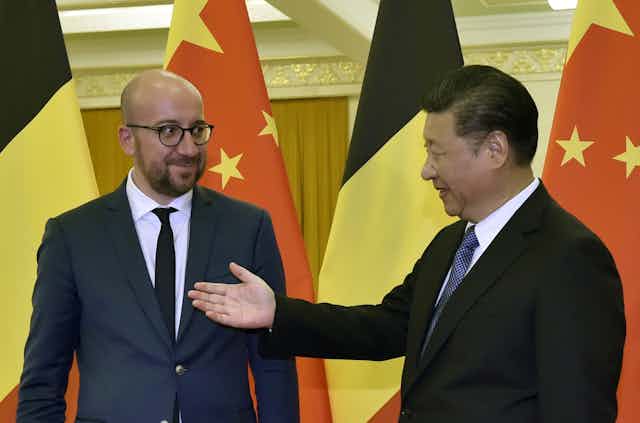 Chinese President Xi Jinping welcomes Belgian prime minister Charles Michel to the Great Hall of the People in Beijing, China, 31 October 2016.