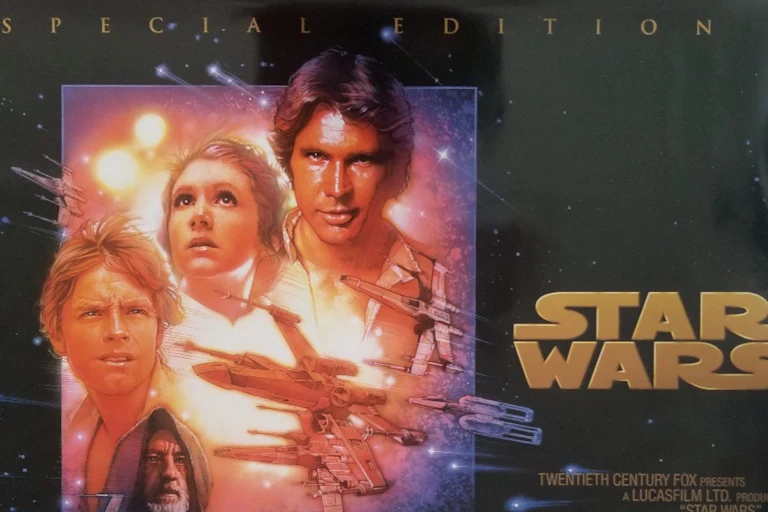 The three main characters of Star Wars on a film poster