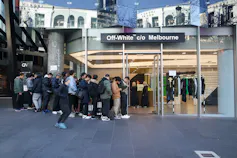 Fans queue outside an Off-White store in Melbourne, Australia.