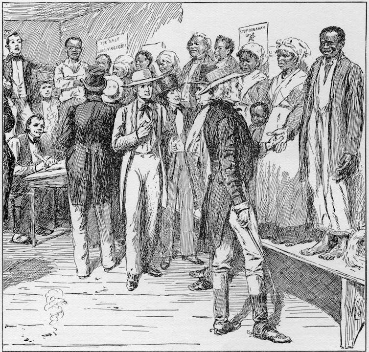 Un boceto en blanco y negro muestra a hombres y mujeres negros parados en plataformas mientras los hombres blancos pasan junto a ellos.