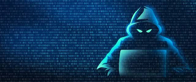 cartoon image of a hacker with a binary code pattern background