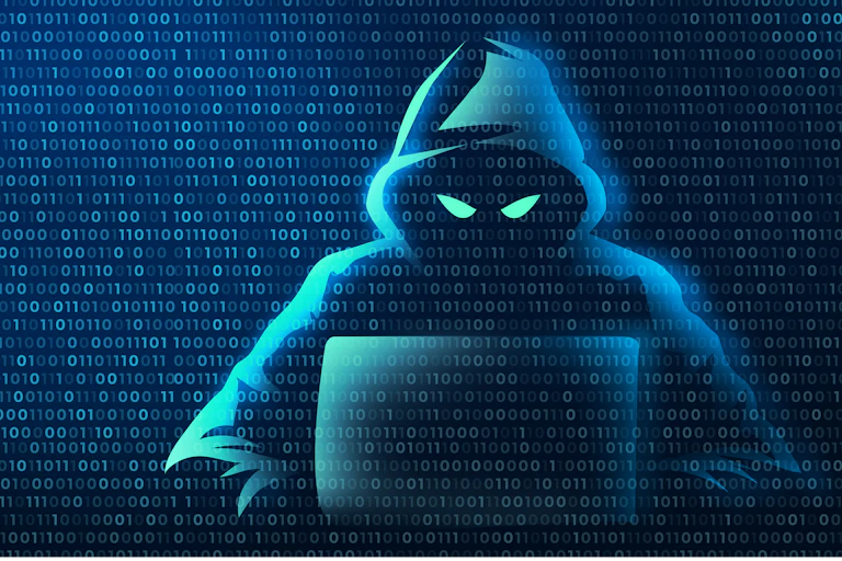 cartoon image of a hacker with a binary code pattern background