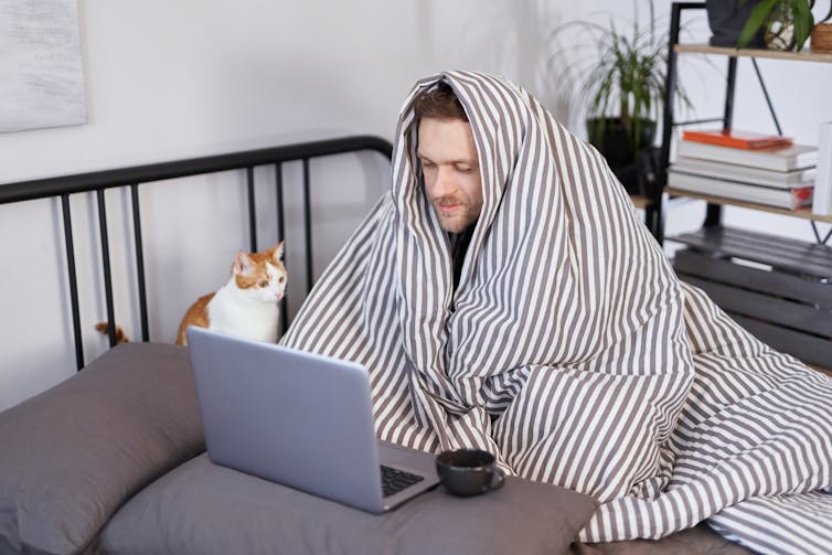 Man in bed with duvet on head with cat.