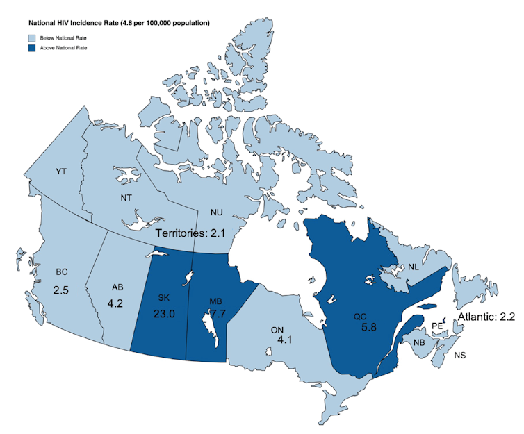 Map of Canadian provinces & territories showing HIV incidence rates in 2020.