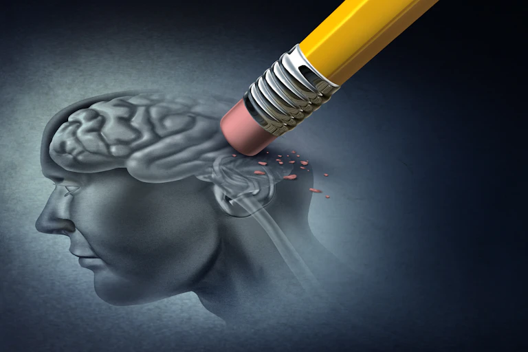 Drawing of a person's brain being rubbed out with a pencil eraser