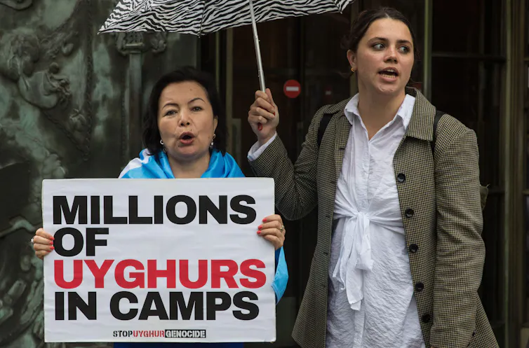 Uyghur singer and activist Rahima Mahmut, protesting China's treatment of her people outside the Chinese embassy in London, August 2021.