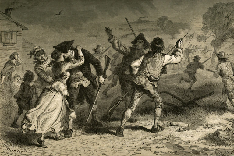 Men in colonial dress heading off to fight with guns.