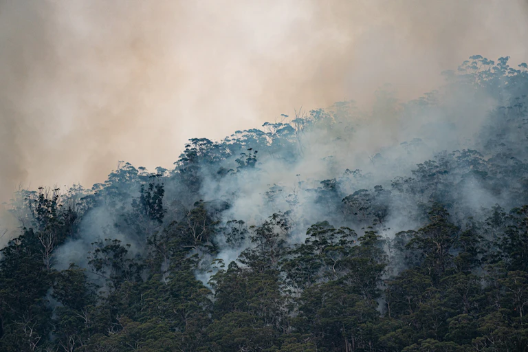Bushfire smoke rising from hilly Australian bush