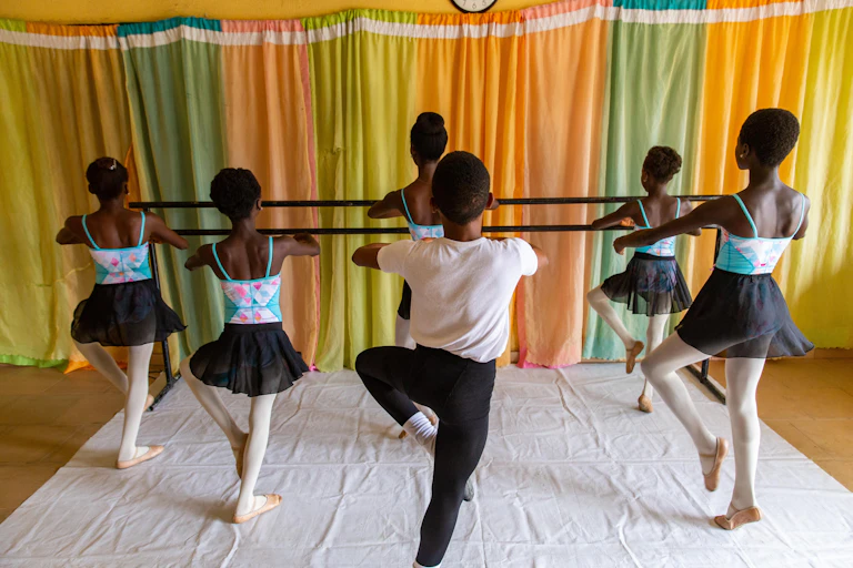 Students practice a pirouette during rehearsals at the Leap of Dance Academy in Ajangbadi, Lagos
