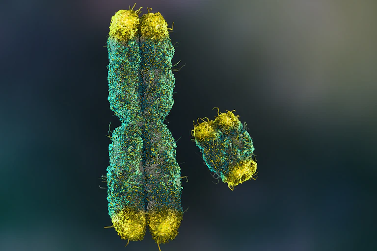 3D rendering of two chromosomes - a larger vaguely x-shaped one and a much smaller nub that represents the y chromosome