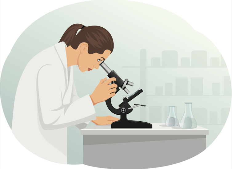 Scientist looks through a microscope
